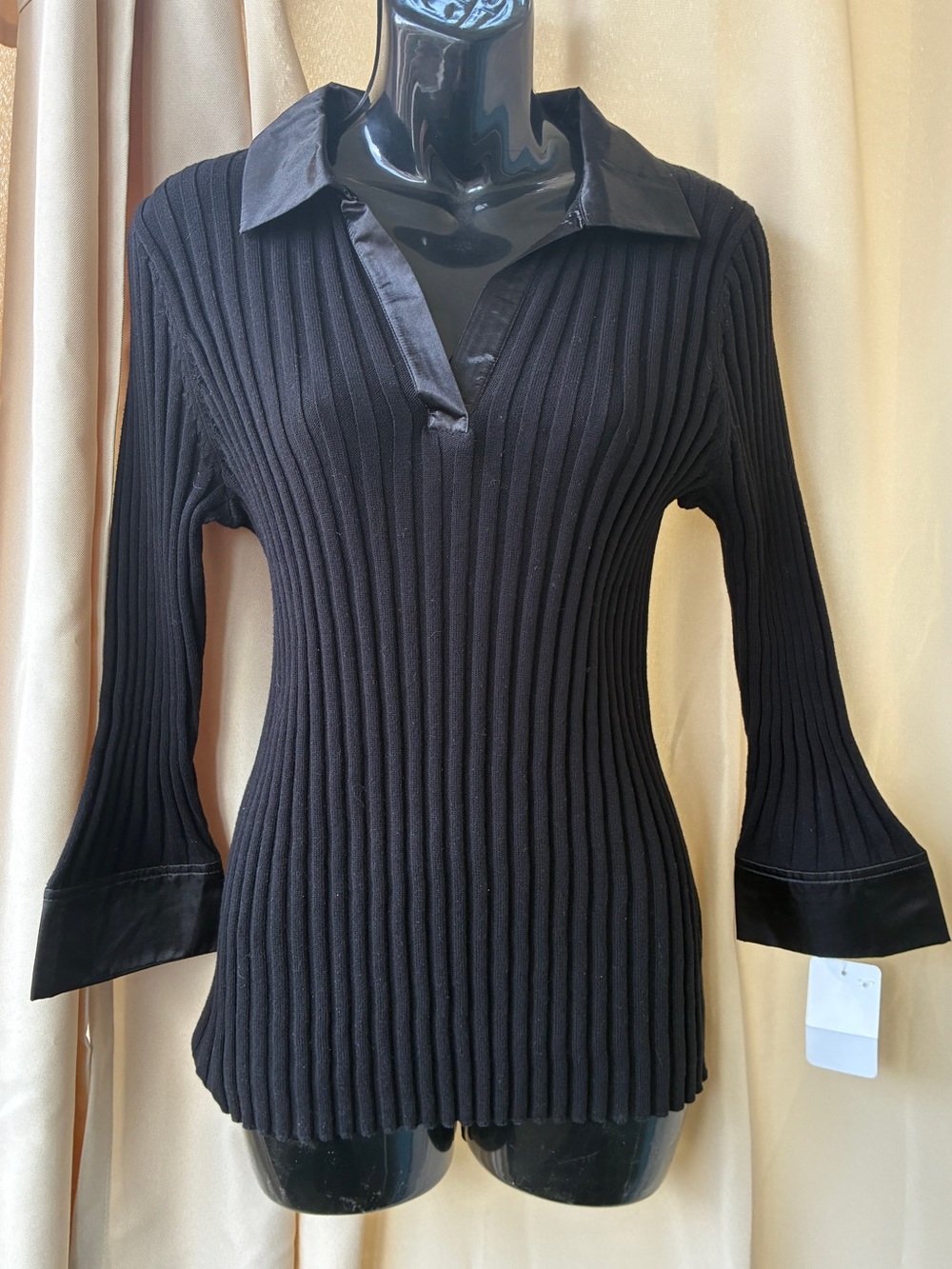 NWT Peace of Cloth Satin Trim Black Ribbed Knit Sweater Top Size L
